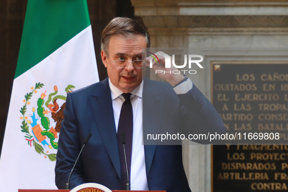 Marcelo Ebrard Casaubon, Secretary of the Economy, speaks during a press conference after the High Level Summit between U.S. and Mexican bus...