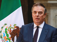 Marcelo Ebrard Casaubon, Secretary of the Economy, speaks during a press conference after the High Level Summit between U.S. and Mexican bus...