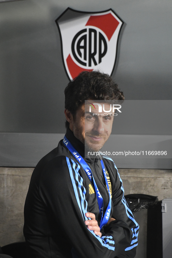 Pablo Aimar, assistant coach of Argentina, stands before a match between Argentina and Bolivia at Estadio Mas Monumental Antonio Vespucio Li...