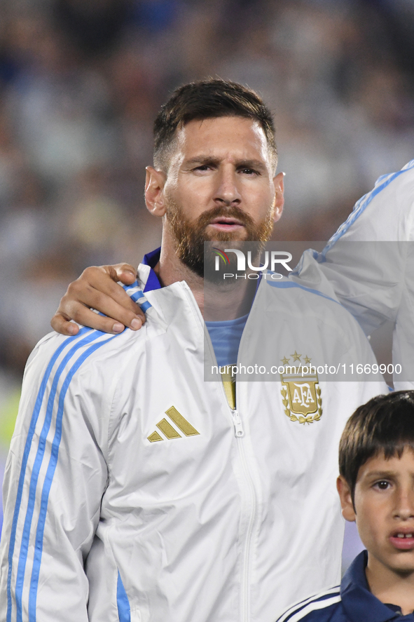 Lionel Messi of Argentina stands during the national anthems ceremony before a match between Argentina and Bolivia at Estadio Mas Monumental...