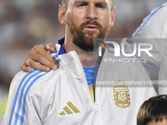 Lionel Messi of Argentina stands during the national anthems ceremony before a match between Argentina and Bolivia at Estadio Mas Monumental...