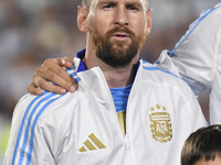 Lionel Messi of Argentina stands during the national anthems ceremony before a match between Argentina and Bolivia at Estadio Mas Monumental...