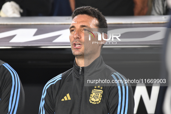 Lionel Scaloni, head coach of Argentina, stands during the national anthems ceremony before a match between Argentina and Bolivia at Estadio...