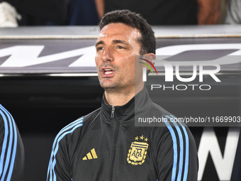 Lionel Scaloni, head coach of Argentina, stands during the national anthems ceremony before a match between Argentina and Bolivia at Estadio...