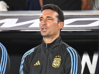 Lionel Scaloni, head coach of Argentina, stands during the national anthems ceremony before a match between Argentina and Bolivia at Estadio...