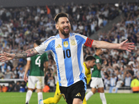 Lionel Messi celebrates his first goal of the night during a match between Argentina and Bolivia at Estadio Mas Monumental Antonio Vespucio...