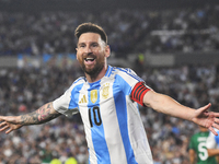 Lionel Messi celebrates his first goal of the night during a match between Argentina and Bolivia at Estadio Mas Monumental Antonio Vespucio...