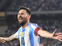 Lionel Messi celebrates his first goal of the night during a match between Argentina and Bolivia at Estadio Mas Monumental Antonio Vespucio...