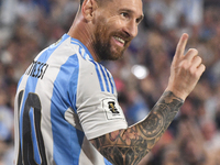 Lionel Messi celebrates his first goal of the night during a match between Argentina and Bolivia at Estadio Mas Monumental Antonio Vespucio...