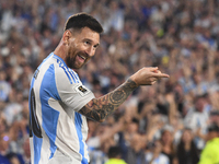 Lionel Messi celebrates his first goal of the night during a match between Argentina and Bolivia at Estadio Mas Monumental Antonio Vespucio...