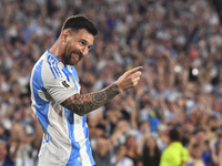 Lionel Messi celebrates his first goal of the night during a match between Argentina and Bolivia at Estadio Mas Monumental Antonio Vespucio...