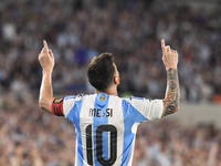 Lionel Messi celebrates his first goal of the night during a match between Argentina and Bolivia at Estadio Mas Monumental Antonio Vespucio...