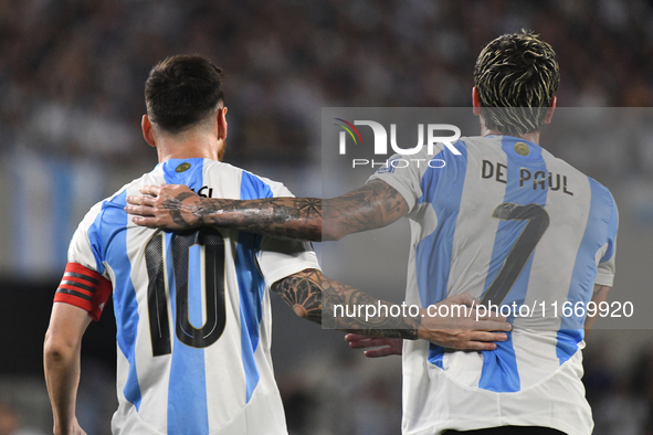 Lionel Messi and Rodrigo de Paul of Argentina celebrate their team's first goal during a match between Argentina and Bolivia at Estadio Mas...