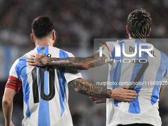 Lionel Messi and Rodrigo de Paul of Argentina celebrate their team's first goal during a match between Argentina and Bolivia at Estadio Mas...