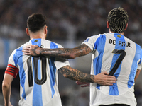 Lionel Messi and Rodrigo de Paul of Argentina celebrate their team's first goal during a match between Argentina and Bolivia at Estadio Mas...