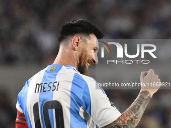 Lionel Messi celebrates his first goal of the night during a match between Argentina and Bolivia at Estadio Mas Monumental Antonio Vespucio...