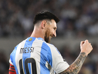 Lionel Messi celebrates his first goal of the night during a match between Argentina and Bolivia at Estadio Mas Monumental Antonio Vespucio...