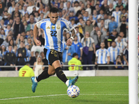 Lautaro Martinez of Argentina scores the second goal for his team during a match between Argentina and Bolivia at Estadio Mas Monumental Ant...