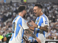 Lionel Messi and Lautaro Martinez celebrate their team's second goal during a match between Argentina and Bolivia at Estadio Mas Monumental...