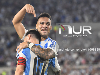 Lionel Messi and Lautaro Martinez celebrate their team's second goal during a match between Argentina and Bolivia at Estadio Mas Monumental...