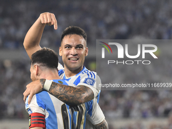 Lionel Messi and Lautaro Martinez celebrate their team's second goal during a match between Argentina and Bolivia at Estadio Mas Monumental...