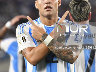 Lautaro Martinez celebrates his goal during a match between Argentina and Bolivia at Estadio Mas Monumental Antonio Vespucio Liberti in Buen...