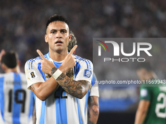 Lautaro Martinez celebrates his goal during a match between Argentina and Bolivia at Estadio Mas Monumental Antonio Vespucio Liberti in Buen...