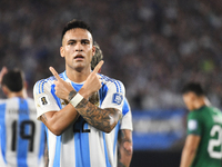 Lautaro Martinez celebrates his goal during a match between Argentina and Bolivia at Estadio Mas Monumental Antonio Vespucio Liberti in Buen...