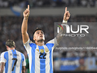 Lautaro Martinez celebrates his goal during a match between Argentina and Bolivia at Estadio Mas Monumental Antonio Vespucio Liberti in Buen...