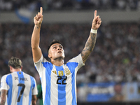 Lautaro Martinez celebrates his goal during a match between Argentina and Bolivia at Estadio Mas Monumental Antonio Vespucio Liberti in Buen...