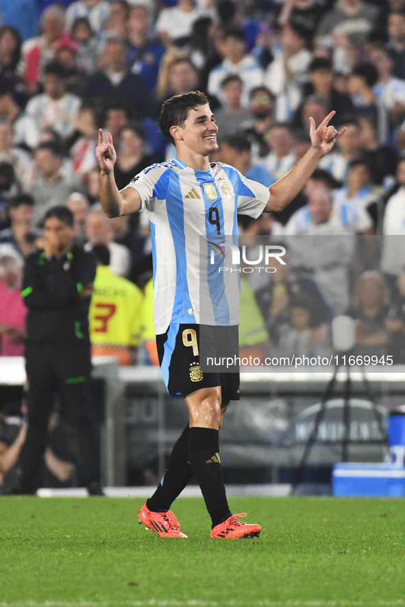 Julian Alvarez celebrates his goal during a match between Argentina and Bolivia at Estadio Mas Monumental Antonio Vespucio Liberti in Buenos...