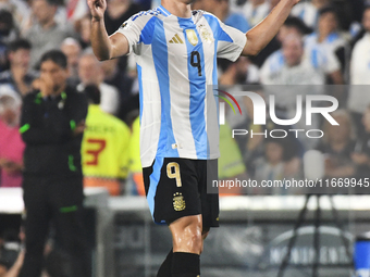 Julian Alvarez celebrates his goal during a match between Argentina and Bolivia at Estadio Mas Monumental Antonio Vespucio Liberti in Buenos...