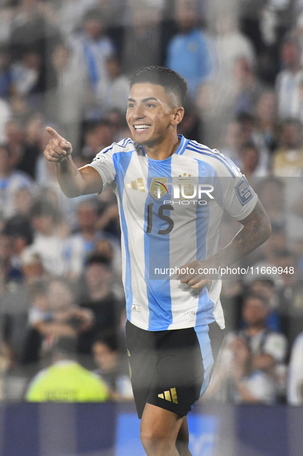 Thiago Almada celebrates his goal during a match between Argentina and Bolivia at Estadio Mas Monumental Antonio Vespucio Liberti in Buenos...