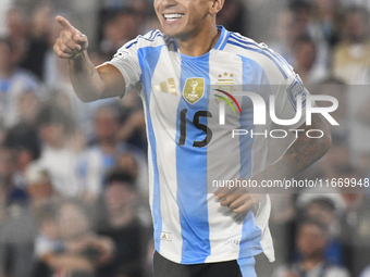 Thiago Almada celebrates his goal during a match between Argentina and Bolivia at Estadio Mas Monumental Antonio Vespucio Liberti in Buenos...