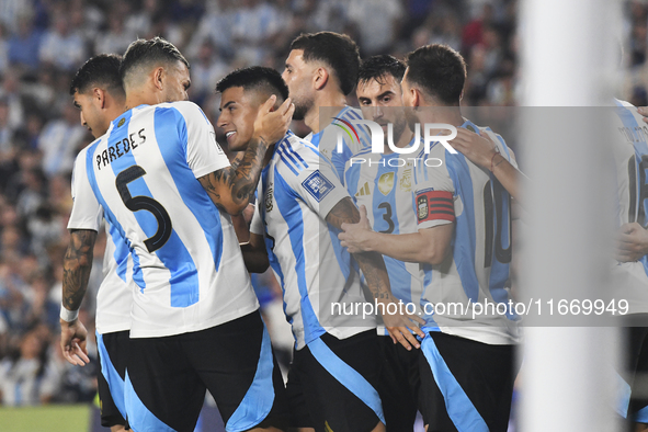 Thiago Almada and his teammates celebrate their team's fourth goal during a match between Argentina and Bolivia at Estadio Mas Monumental An...