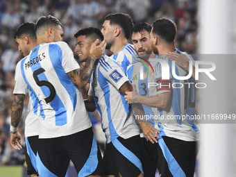 Thiago Almada and his teammates celebrate their team's fourth goal during a match between Argentina and Bolivia at Estadio Mas Monumental An...