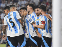 Thiago Almada and his teammates celebrate their team's fourth goal during a match between Argentina and Bolivia at Estadio Mas Monumental An...