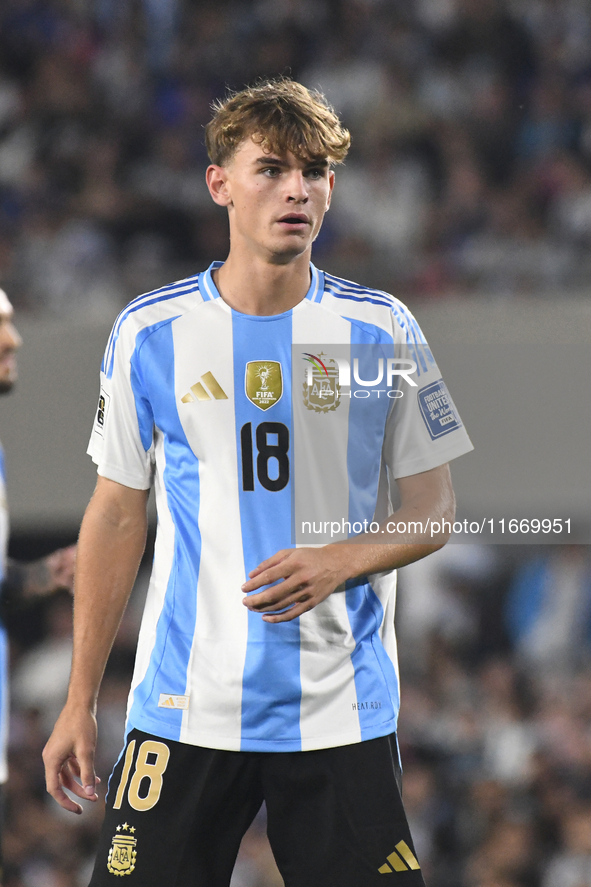 Nicolas Paz makes his national team debut in a match between Argentina and Bolivia at Estadio Mas Monumental Antonio Vespucio Liberti in Bue...