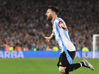 Lionel Messi celebrates his second goal of the night during a match between Argentina and Bolivia at Estadio Mas Monumental Antonio Vespucio...