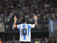 Lionel Messi celebrates his second goal of the night during a match between Argentina and Bolivia at Estadio Mas Monumental Antonio Vespucio...