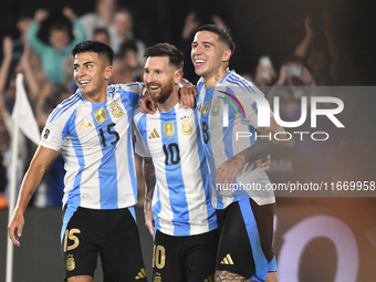 Lionel Messi of Argentina celebrates his third goal of the night with Thiago Almada and Enzo Fernandez during a match between Argentina and...