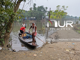 Fishermen go to sell fish in a rural market in a rural area in Feni, Bangladesh, on October 16, 2024. Many fish enclosures and ponds are was...