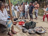 Fishermen sell fish in the early morning in a rural area in Feni, Bangladesh, on October 16, 2024. Many fish enclosures and ponds are washed...