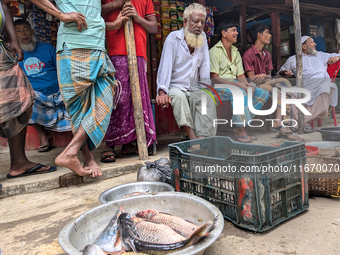 Fishermen sell fish in the early morning in a rural area in Feni, Bangladesh, on October 16, 2024. Many fish enclosures and ponds are washed...