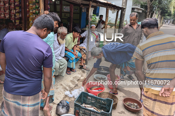 Fishermen sell fish in the early morning in a rural area in Feni, Bangladesh, on October 16, 2024. Many fish enclosures and ponds are washed...