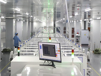 A worker produces an LED display at a workshop in Huai'an City, Jiangsu Province, China, on October 16, 2024. (