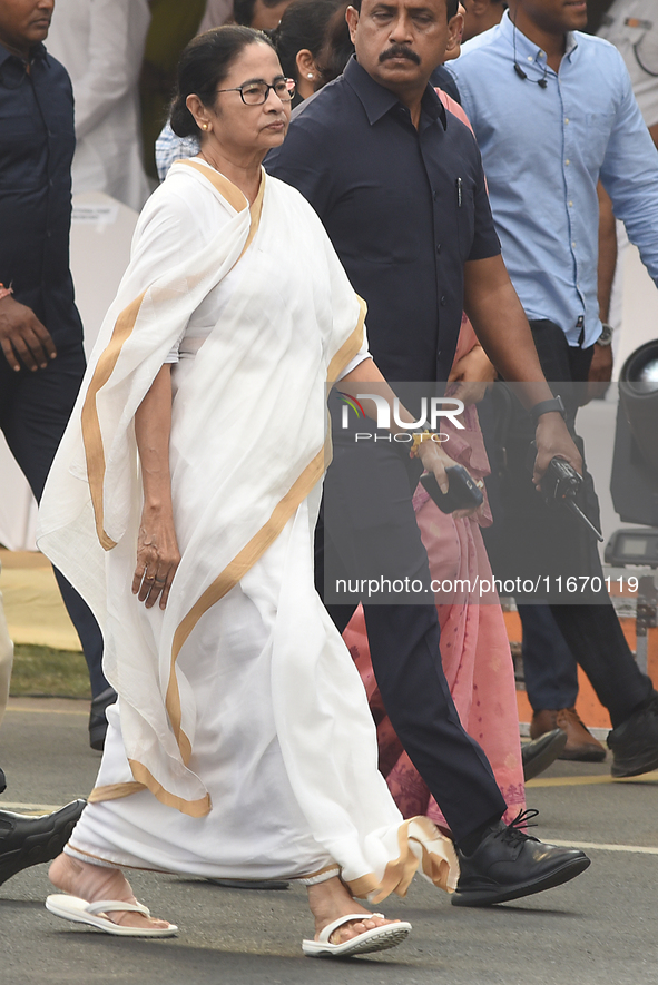 West Bengal Chief Minister Mamata Banerjee arrives on Red Road as part of the Durga Puja festival in Kolkata, India, on October 15, 2024. Th...