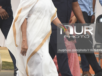 West Bengal Chief Minister Mamata Banerjee arrives on Red Road as part of the Durga Puja festival in Kolkata, India, on October 15, 2024. Th...