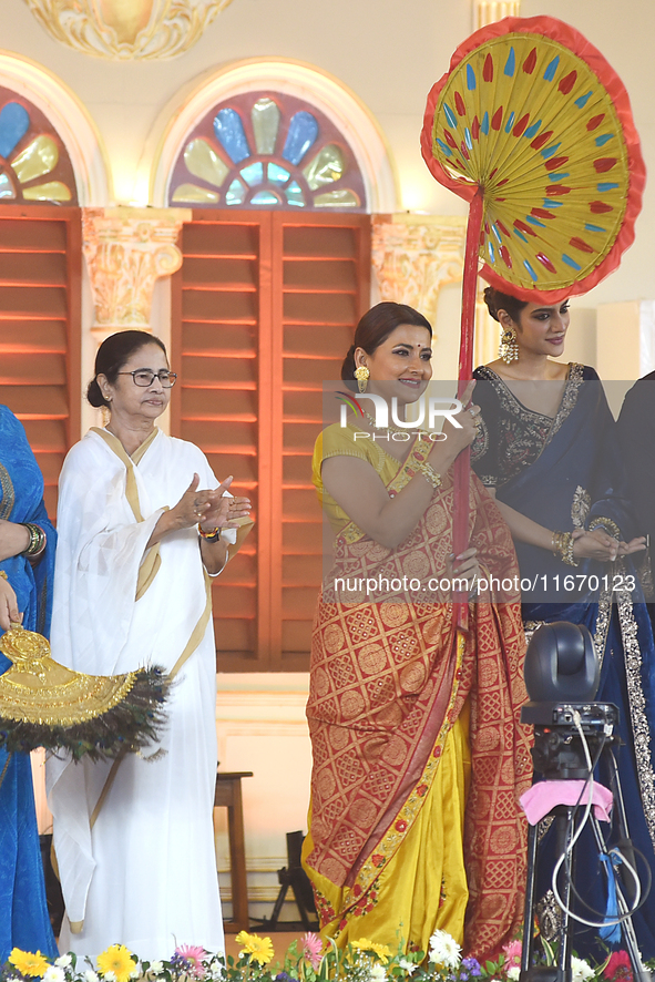 West Bengal Chief Minister Mamata Banerjee, along with actress and her party MP Rachana Banerjee, June Malaya, and others, participates in t...