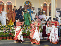 West Bengal state Chief Minister and TMC Chief Mamata Banerjee dances with celebrities as part of the Biswa Bangla award-winning idols of Hi...